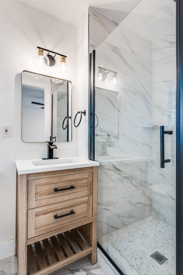 611 Cannon Dr, Euless, TX 76040 - bathroom with a marble finish shower, vanity, and marble finish flooring