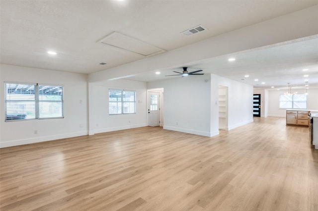 611 Cannon Dr, Euless, TX 76040 - unfurnished living room with baseboards, light wood finished floors, recessed lighting, and ceiling fan