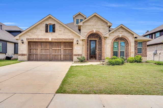 2111 Devonblue Dr, Forney, TX 75126 - french provincial home with a front yard, a garage, stone siding, brick siding, and driveway