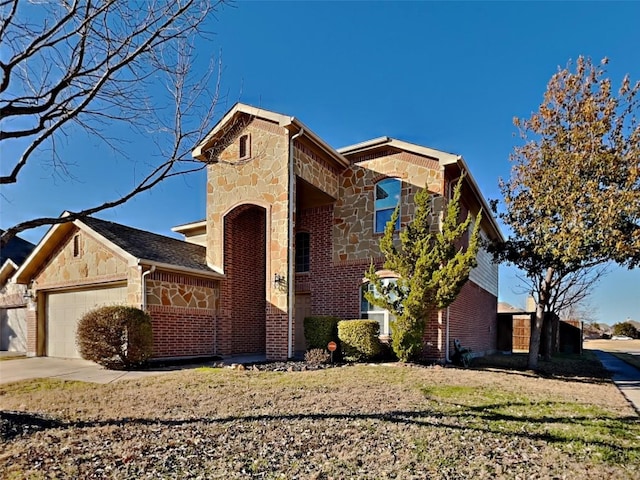 11721 Summer Springs Dr, Frisco, TX 75036 - traditional-style home with stone siding, a garage, concrete driveway, and brick siding