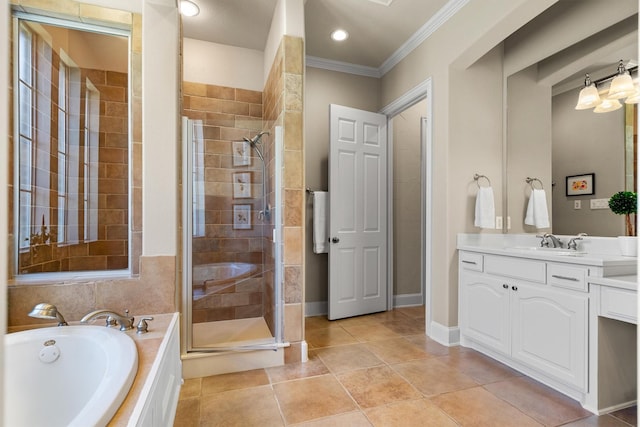 1632 Coyote Rdg, Carrollton, TX 75010 - bathroom with ornamental molding, vanity, a stall shower, a garden tub, and baseboards