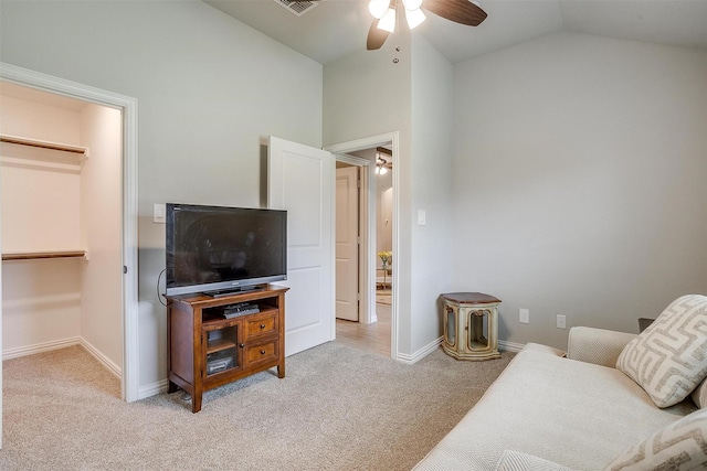 812 Porcupine Dr, Springtown, TX 76082 - carpeted living area featuring a ceiling fan, lofted ceiling, and baseboards