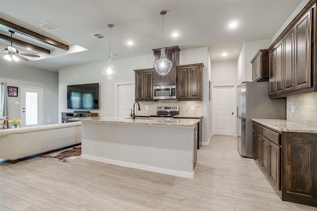812 Porcupine Dr, Springtown, TX 76082 - kitchen with appliances with stainless steel finishes, open floor plan, backsplash, dark brown cabinets, and recessed lighting