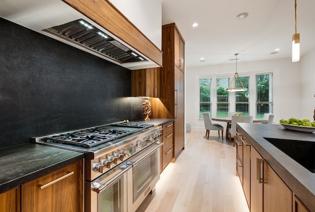 912 Berkshire Rd, Southlake, TX 76092 - kitchen featuring double oven range, dark countertops, light wood-style flooring, and recessed lighting