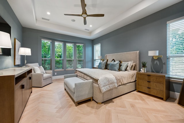 912 Berkshire Rd, Southlake, TX 76092 - bedroom featuring baseboards, multiple windows, a tray ceiling, recessed lighting, and a ceiling fan