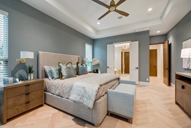 912 Berkshire Rd, Southlake, TX 76092 - bedroom featuring recessed lighting, a raised ceiling, baseboards, a ceiling fan, and ensuite bath