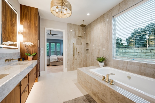 912 Berkshire Rd, Southlake, TX 76092 - ensuite bathroom with a bath, double vanity, a walk in shower, and a ceiling fan