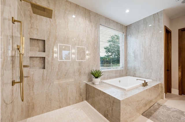 912 Berkshire Rd, Southlake, TX 76092 - bathroom featuring a bath, a marble finish shower, and recessed lighting