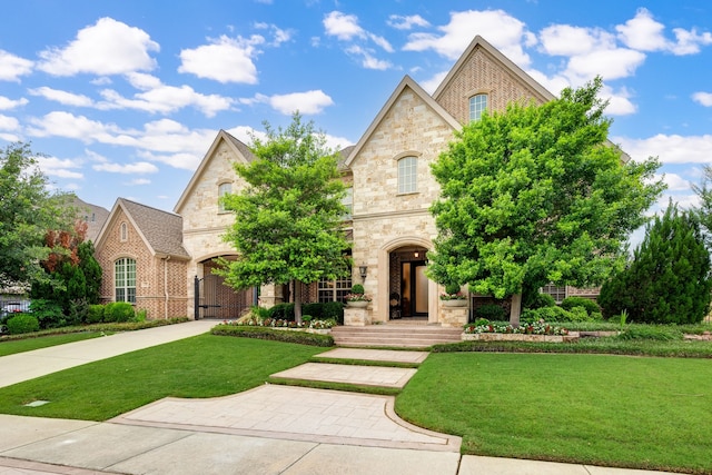 912 Berkshire Rd, Southlake, TX 76092 - french country style house featuring stone siding, a front lawn, and brick siding