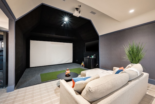 912 Berkshire Rd, Southlake, TX 76092 - home theater room featuring golf simulator, carpet floors, lofted ceiling, and recessed lighting