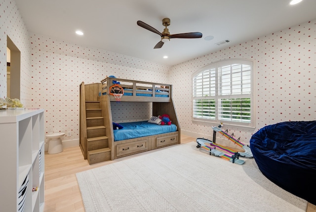 912 Berkshire Rd, Southlake, TX 76092 - bedroom featuring wallpapered walls, baseboards, wood finished floors, a ceiling fan, and recessed lighting