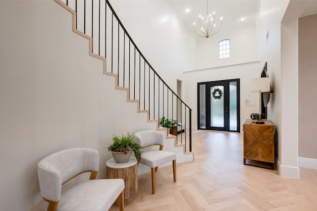 912 Berkshire Rd, Southlake, TX 76092 - foyer with a chandelier, baseboards, stairs, a high ceiling, and recessed lighting