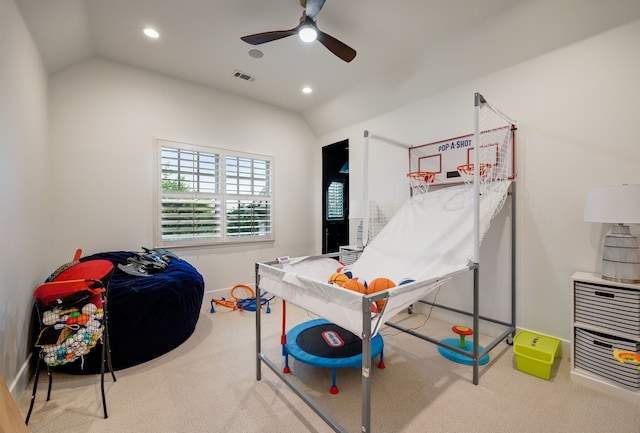 912 Berkshire Rd, Southlake, TX 76092 - playroom featuring a ceiling fan, carpet floors, vaulted ceiling, and recessed lighting