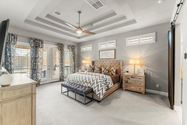1741 Mountain Creek Ln, Prosper, TX 75078 - bedroom featuring a raised ceiling, light carpet, access to outside, a ceiling fan, and baseboards