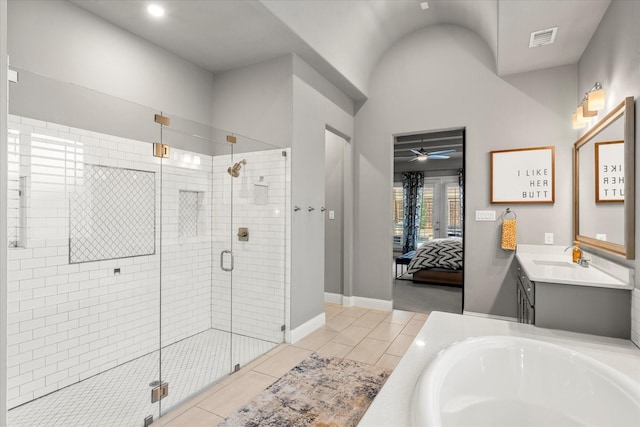 1741 Mountain Creek Ln, Prosper, TX 75078 - full bath featuring a stall shower, a ceiling fan, vanity, a bath, and connected bathroom