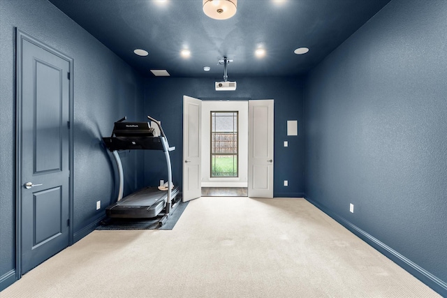 1741 Mountain Creek Ln, Prosper, TX 75078 - workout room featuring carpet flooring, baseboards, a textured wall, and recessed lighting