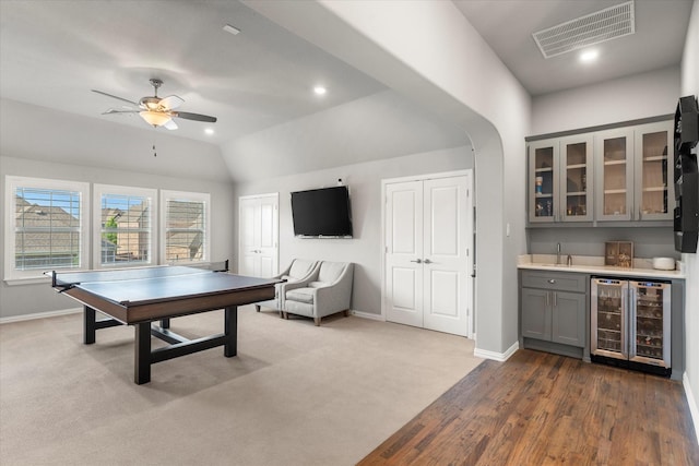 1741 Mountain Creek Ln, Prosper, TX 75078 - recreation room featuring wine cooler, bar with sink, baseboards, ceiling fan, and vaulted ceiling