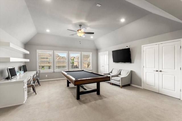 1741 Mountain Creek Ln, Prosper, TX 75078 - recreation room with light colored carpet, vaulted ceiling, billiards table, a ceiling fan, and baseboards