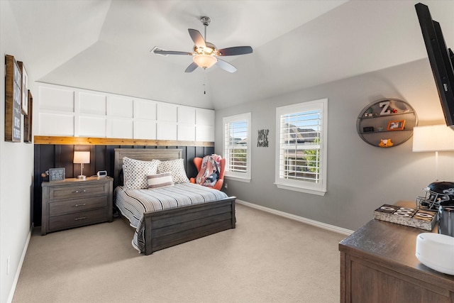 1741 Mountain Creek Ln, Prosper, TX 75078 - bedroom featuring light carpet, vaulted ceiling, baseboards, and a ceiling fan