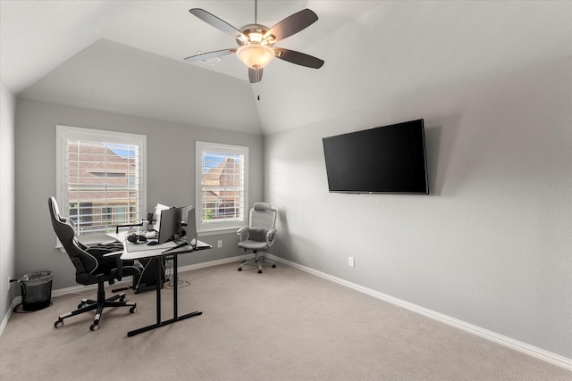 1741 Mountain Creek Ln, Prosper, TX 75078 - office featuring ceiling fan, carpet floors, lofted ceiling, and baseboards