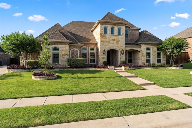 1741 Mountain Creek Ln, Prosper, TX 75078 - french provincial home with stone siding, a front yard, and roof with shingles