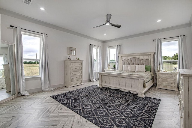 7336 Saint Augustine Dr, Cleburne, TX 76033 - bedroom featuring multiple windows, ornamental molding, baseboards, a ceiling fan, and recessed lighting