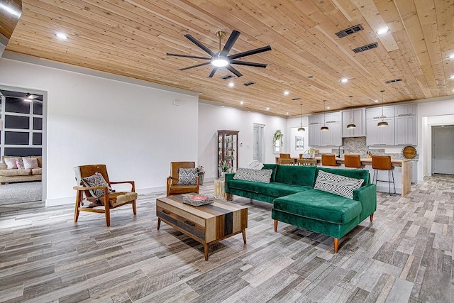7336 Saint Augustine Dr, Cleburne, TX 76033 - living room featuring wood ceiling, a ceiling fan, light wood-style floors, and recessed lighting