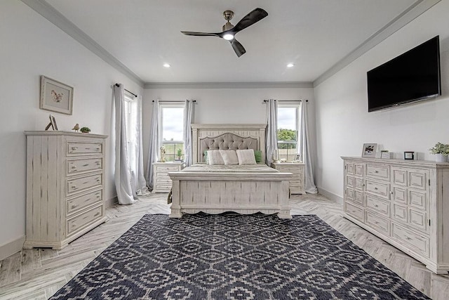 7336 Saint Augustine Dr, Cleburne, TX 76033 - bedroom with baseboards, ornamental molding, multiple windows, and a ceiling fan