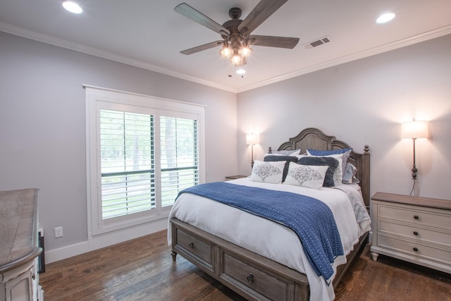 6575 Standing Rock, Malakoff, TX 75148 - bedroom with dark wood finished floors, crown molding, recessed lighting, baseboards, and ceiling fan