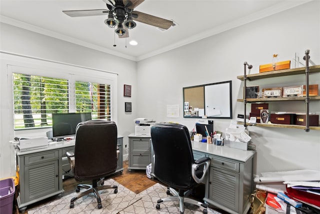 6575 Standing Rock, Malakoff, TX 75148 - office area featuring a ceiling fan, ornamental molding, light wood-style flooring, and recessed lighting