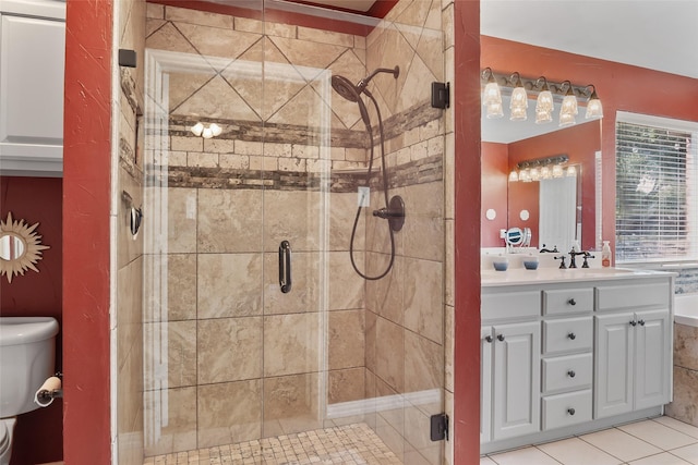 10595 Gregory Rd, Sanger, TX 76266 - bathroom featuring toilet, vanity, a stall shower, and tile patterned flooring