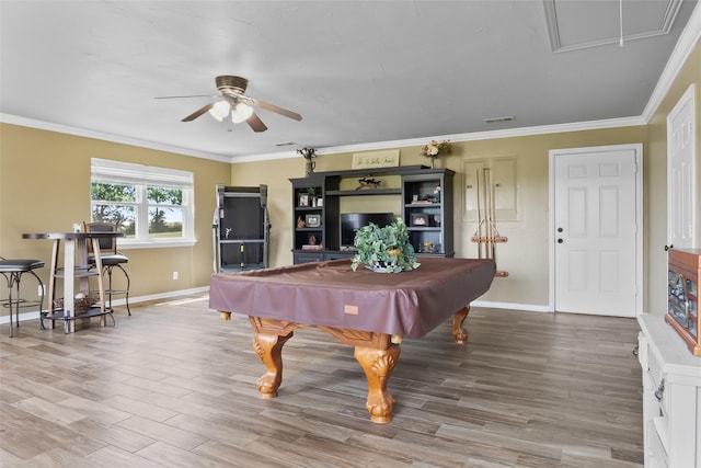 10595 Gregory Rd, Sanger, TX 76266 - recreation room featuring ceiling fan, baseboards, wood finished floors, billiards table, and crown molding