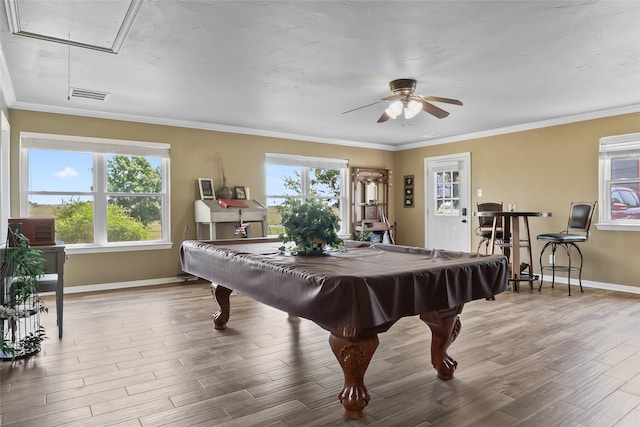 10595 Gregory Rd, Sanger, TX 76266 - playroom featuring attic access, healthy amount of natural light, ceiling fan, billiards, and crown molding