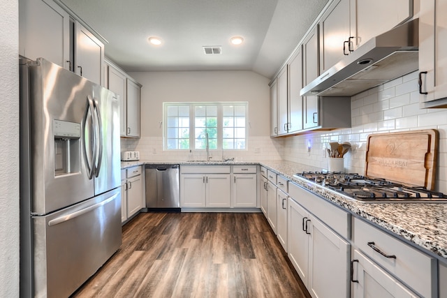 2246 Hartley Dr, Forney, TX 75126 - kitchen featuring stainless steel appliances, under cabinet range hood, a sink, dark wood finished floors, and decorative backsplash