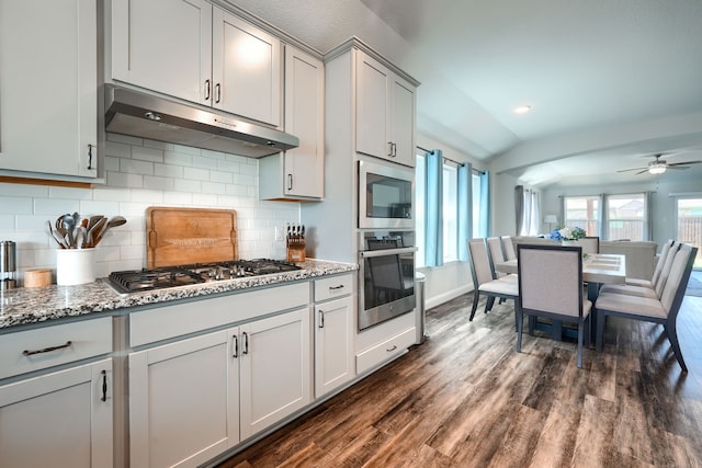 2246 Hartley Dr, Forney, TX 75126 - kitchen featuring appliances with stainless steel finishes, under cabinet range hood, dark wood finished floors, backsplash, and a ceiling fan