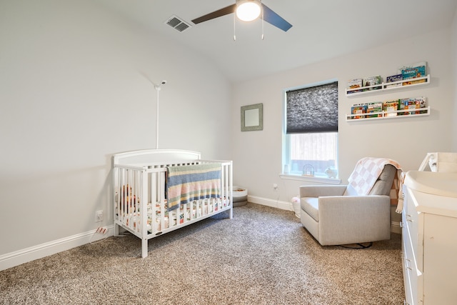 2246 Hartley Dr, Forney, TX 75126 - bedroom featuring lofted ceiling, carpet floors, a nursery area, baseboards, and ceiling fan