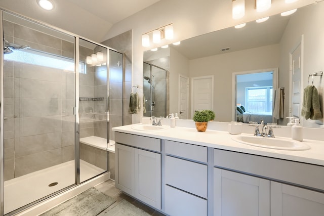 2246 Hartley Dr, Forney, TX 75126 - ensuite bathroom featuring double vanity, a stall shower, and tile patterned floors