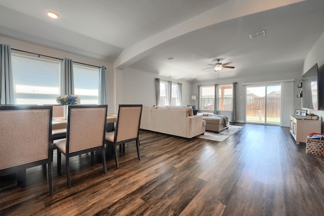 2246 Hartley Dr, Forney, TX 75126 - dining area featuring a ceiling fan, dark wood-style floors, and recessed lighting