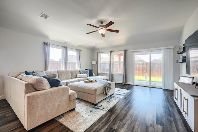 2246 Hartley Dr, Forney, TX 75126 - living area featuring a ceiling fan, dark wood finished floors, and baseboards