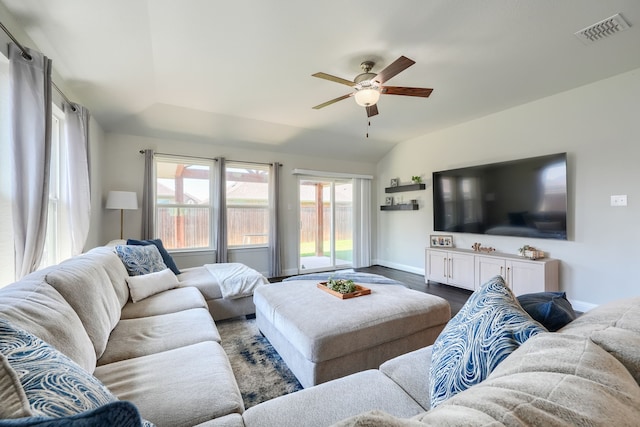 2246 Hartley Dr, Forney, TX 75126 - living room with a ceiling fan, dark wood-style flooring, and baseboards
