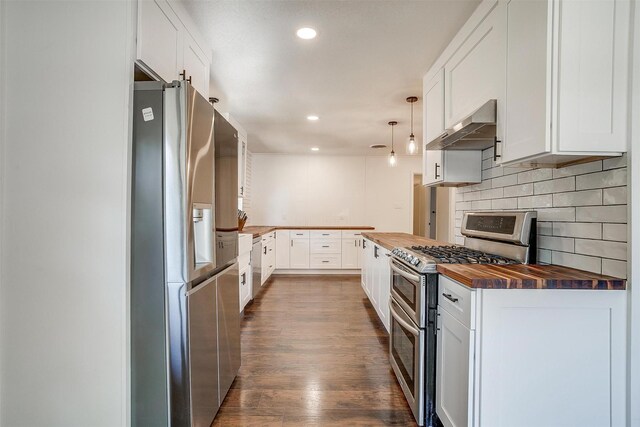 5712 Trail Lake Dr, Fort Worth, TX 76133 - kitchen featuring wood counters, stainless steel appliances, under cabinet range hood, backsplash, and white cabinets