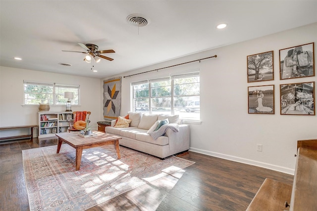 5712 Trail Lake Dr, Fort Worth, TX 76133 - living room with a ceiling fan, wood finished floors, baseboards, and recessed lighting