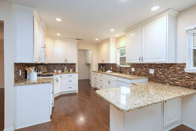 2489 Campus Ct, Abilene, TX 79601 - kitchen featuring white appliances, a peninsula, dark wood-type flooring, a sink, and light stone counters