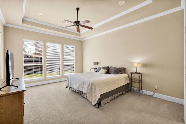 1050 Crystal Falls Dr, Prosper, TX 75078 - bedroom with a tray ceiling, crown molding, carpet flooring, baseboards, and ceiling fan