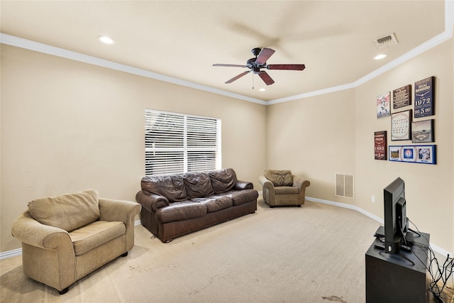 1050 Crystal Falls Dr, Prosper, TX 75078 - carpeted living area with a ceiling fan, recessed lighting, baseboards, and crown molding
