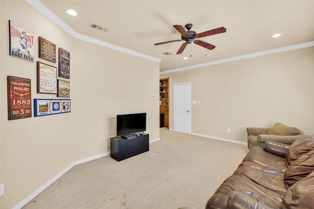 1050 Crystal Falls Dr, Prosper, TX 75078 - living room with ceiling fan, recessed lighting, carpet flooring, baseboards, and crown molding