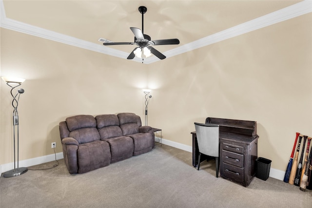 1050 Crystal Falls Dr, Prosper, TX 75078 - carpeted living room with ceiling fan, ornamental molding, and baseboards