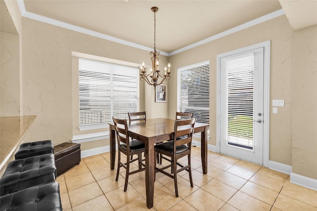1050 Crystal Falls Dr, Prosper, TX 75078 - dining room with a chandelier, ornamental molding, light tile patterned floors, and baseboards