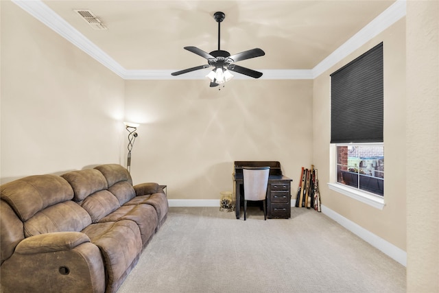 1050 Crystal Falls Dr, Prosper, TX 75078 - living area featuring crown molding, ceiling fan, carpet, and baseboards