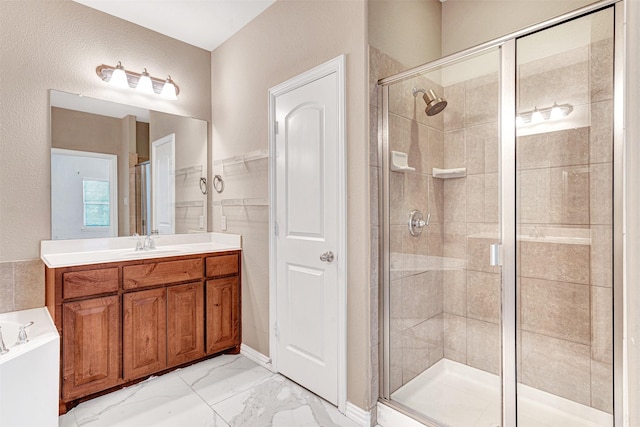 3724 Sicily St, Irving, TX 75038 - full bathroom with a stall shower, marble finish floors, and vanity